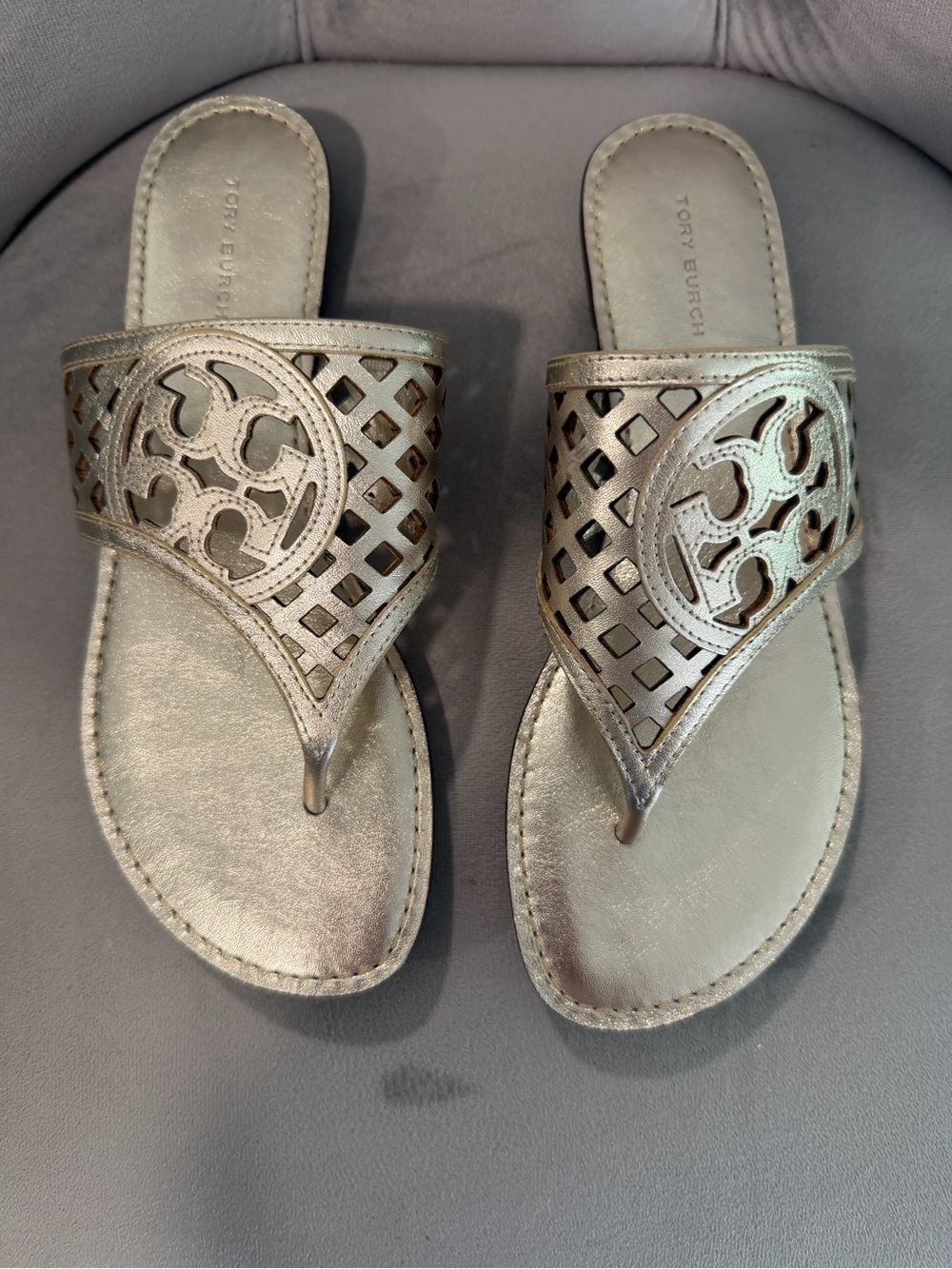 Tory Burch Metallic Silver Miller Cutout Thong Sandals